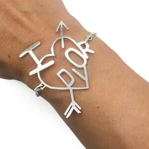 AUTH VTG Christian Dior Silver Chain Link Cupid I Heart Love Dior Logo Bracelet